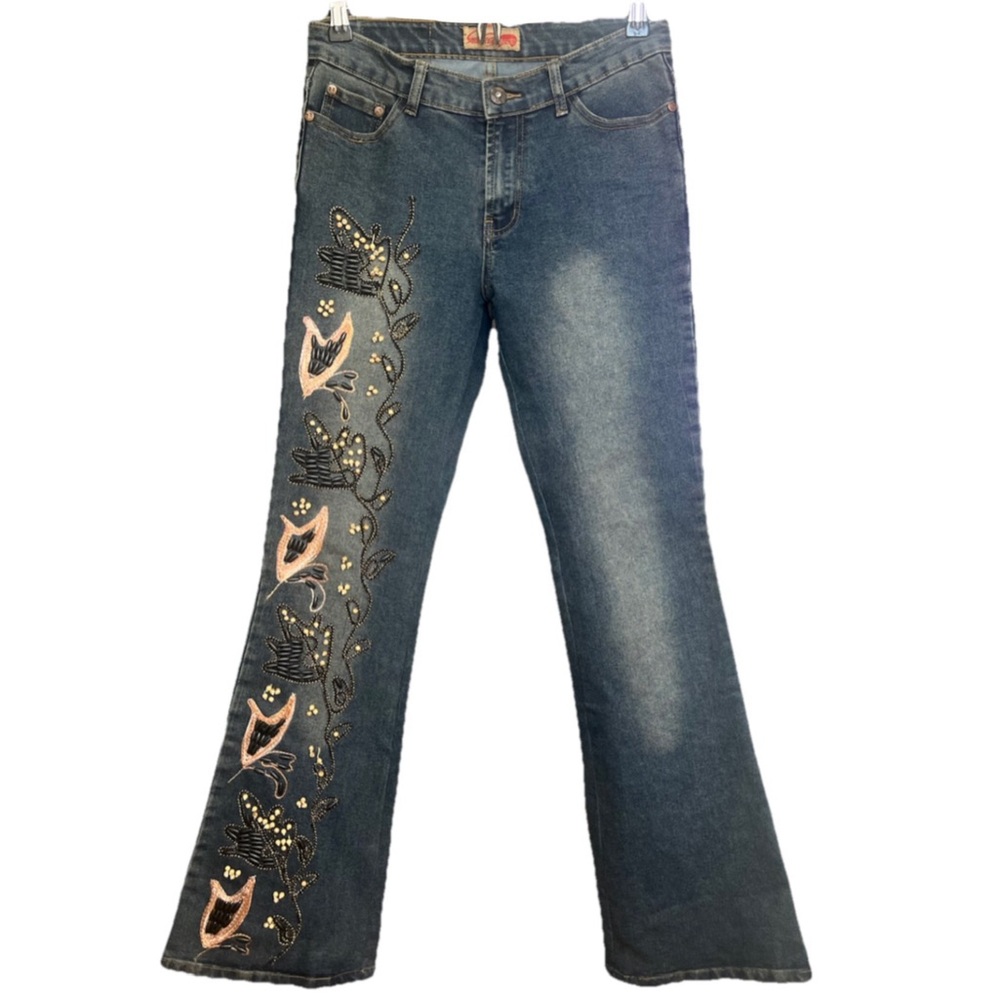 amazingg embroidered low waisted beaded bootcut/flare stone wash dirty wash y2k